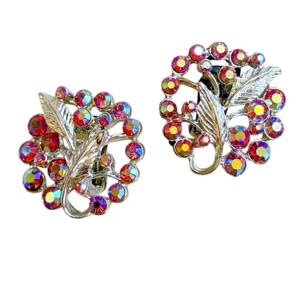 VTG Flower Round Pink Crystal rhinestone Earrings clip Aurora Borealis Glam 60s